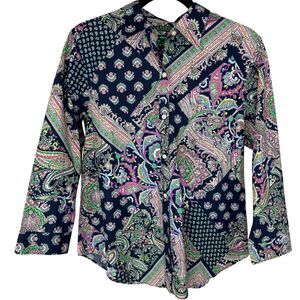 Ralph Lauren Blue & pink patchwork Paisley button down shirt no iron Size Large